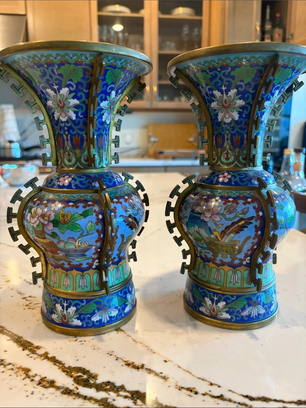 Blue Cloisonné Floral Decorative Vase Pair. Made out of metal